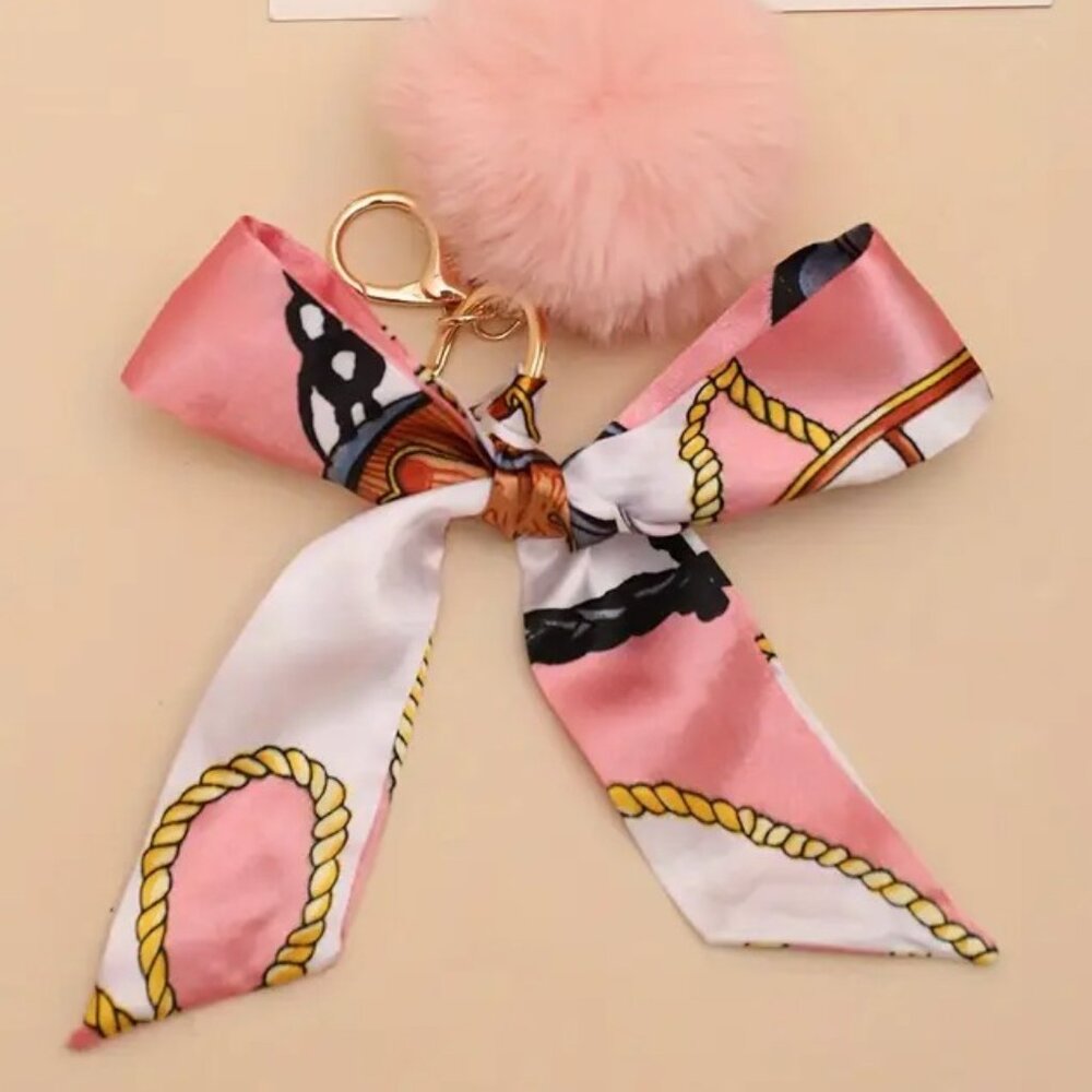 Chic Twilly Style Pink Bow Pom Pom Handbag Charm Keychain Accessory